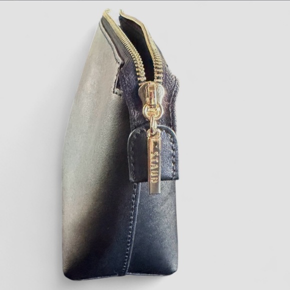 STAUD-Black Leather Cosmetic Pouch/Clutch Gold Logo-Zip Case NWOT Minimalist - Picture 4 of 8